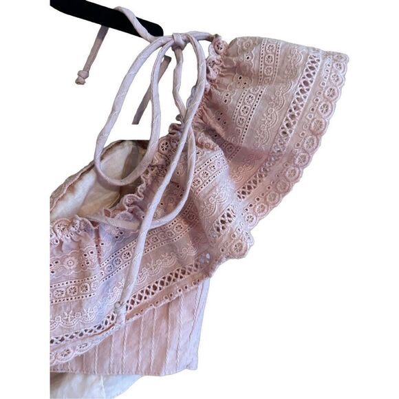 Storia Crop Top Women’s Peach Pink  Eyelet Spaghetti Strap Off Shoulder Sz M - Picture 5 of 9